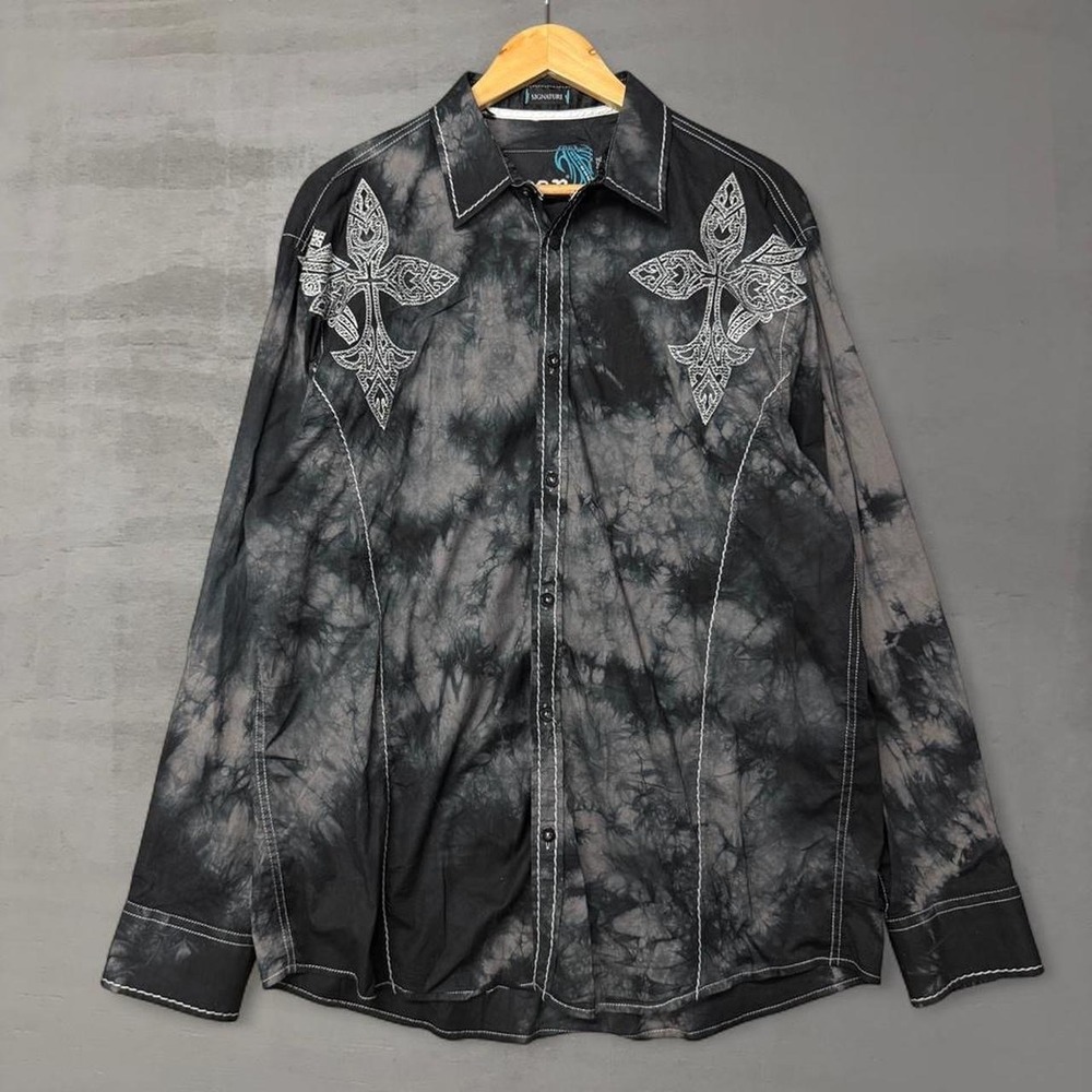 Y2K Roar Signature Shirt‎ Black Grey Tie Dye Embroidered Cross Goth Mens XL